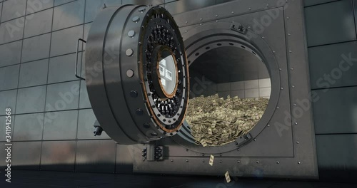 Bank vault doors open and piles of dollars are poured out. 3D render
