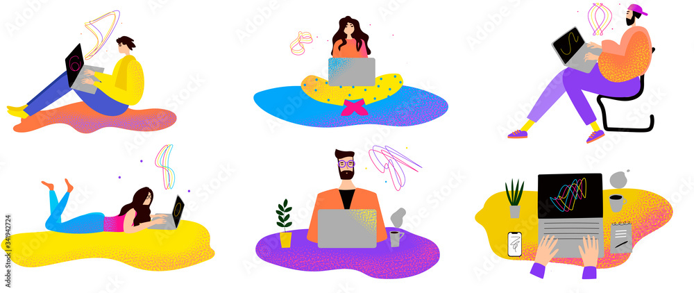 Set of people working with computers. Vector illustration for website, icons, banner, advertisement, print. Set of people working with computers. Vector illustration for website, icons, banner, advertisement, print.