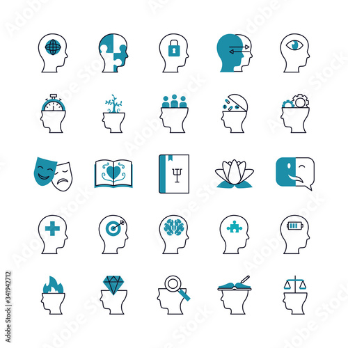 books and mental health icon set, half line half color style