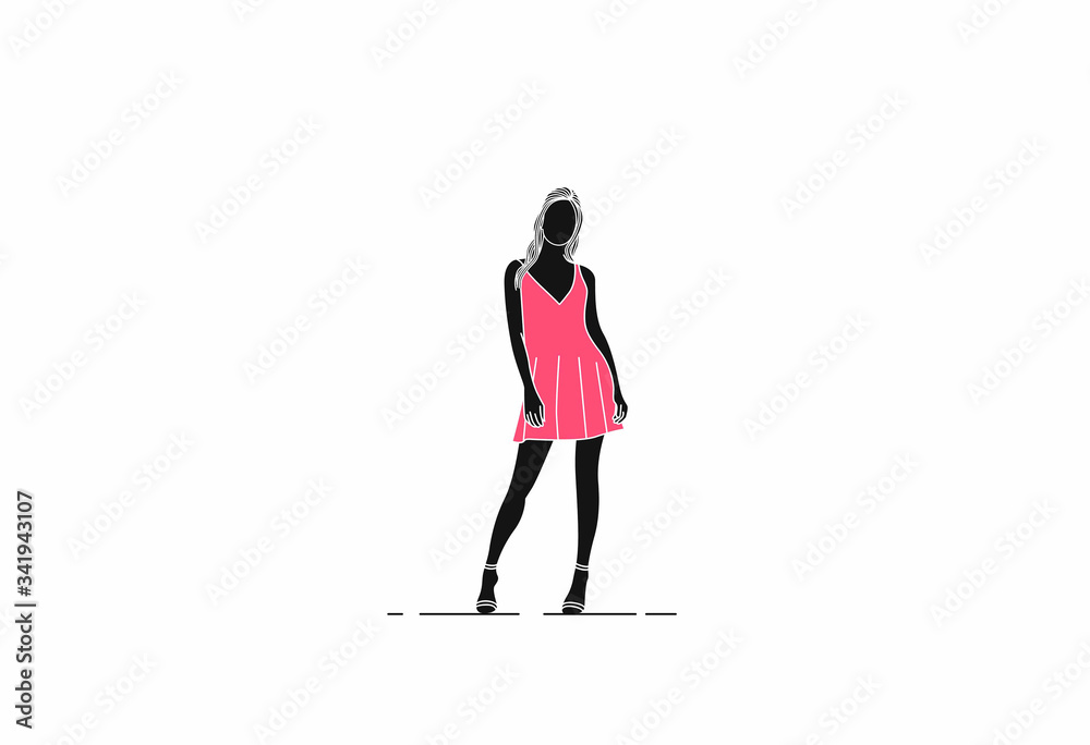 Fototapeta premium Fashion Girl Silhouette Flat line art Vector illustration.