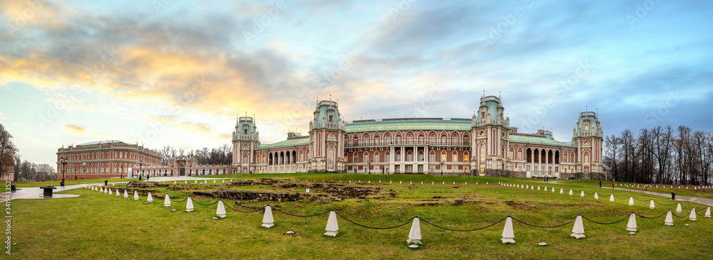 Grand Palace of queen Catherine the Great in Tsaritsyno in Moscow, Russia. Tsaritsyno is a palace museum and park reserve panorama