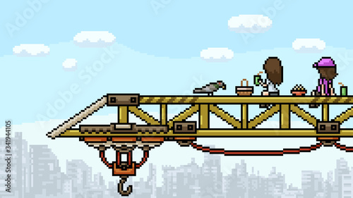 vector pixel art scene crane picnic