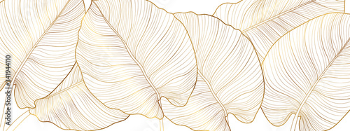 Luxury gold nature background vector. Floral pattern, Golden split-leaf Philodendron plant with monstera plant line arts, Vector illustration. #341944110