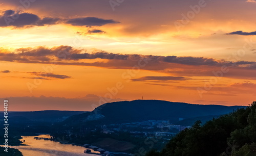 Landscape with sunset on the river in summer