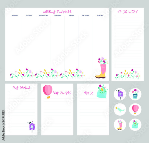 Set of planners with cute design. Weekly planner, to do list, my goals, notes, planes, stickers.