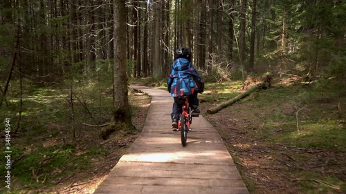 Wallpaper Mural A child in a blue jacket on a red bicycle rides through the forest. The camera on the stage moves behind the bicycle Torontodigital.ca