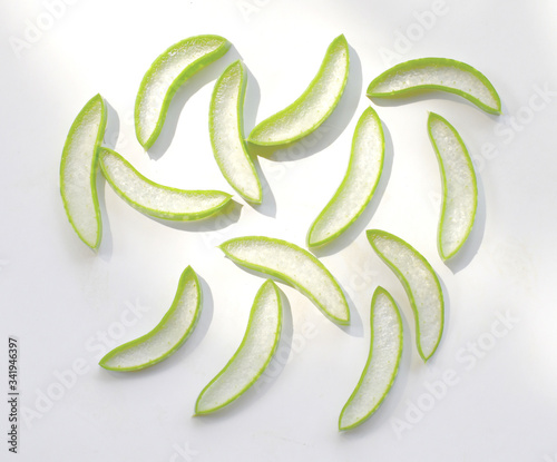 Flat lay (Top view) of Aloe vera sliced isolated on white background. Clipping path
