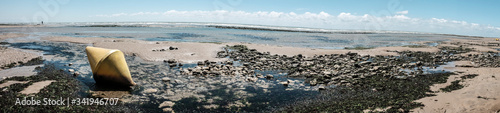 Floating buoys on the beach in France. Part of the yellow marker buoys end up on dry land during low tide. photo