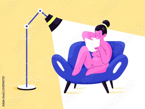 Nude woman reading book in chair near floor lamp in her room. Educational indoor hobby. Relax and freedom from society rules staying home. Comfort and confidence. Body positive and self acceptance.