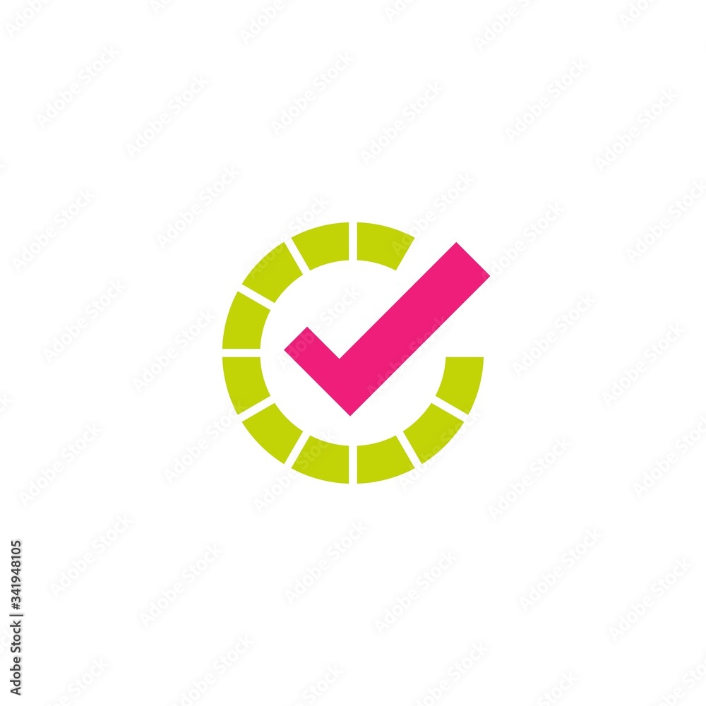 Done check mark. Valid seal icon. pink tick in green circle. Flat OK sticker icon. Isolated on white. Done check mark. Valid seal icon. pink tick in green circle. Flat OK sticker icon. Isolated on white.