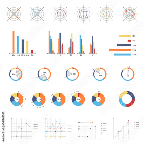 Business Infographics elements with different statistical graphs. Statistical data and financial information visualization. Modern vector illustration for business presentation