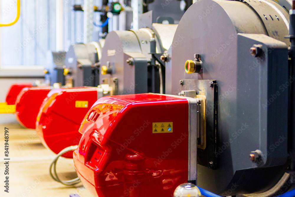 Modern boiler room equipment - high power boiler burner. Boiler room. Water heating. Power supply. Water supply. Modern boiler room equipment - high power boiler burner. Boiler room. Water heating. Power supply. Water supply.