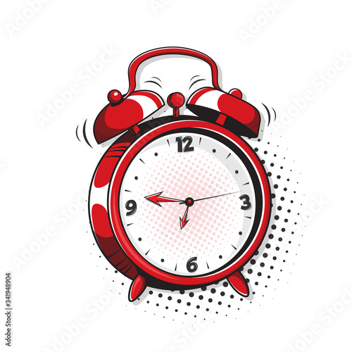 Alarm clock. Pop art, comic book vector illustration of a colorful and dynamic cartoonish img in retro pop art style isolated on white background