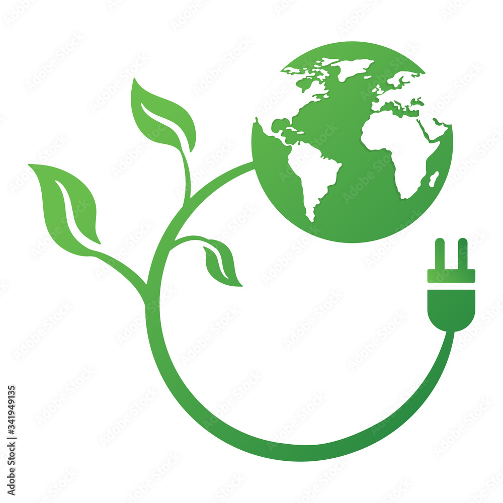 Green leaves, earth and plug icon isolated on white background. Ecology concept save energy. Vector illustration for any design. Green leaves, earth and plug icon isolated on white background. Ecology concept save energy. Vector illustration for any design.