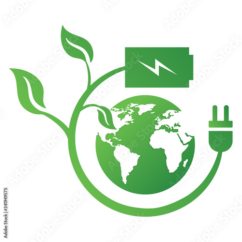 Green leaves, earth and plug icon isolated on white background. Ecology concept save energy. Vector illustration for any design.