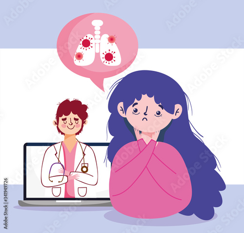 Woman with fatigue man doctor and laptop vector design