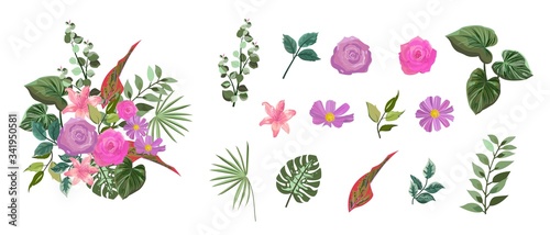 Vector design bouquet with botanical leaves summer spring Flowers pink rose and purple rose, Green leaves, Flowers lily pink, Design Invitation cards, Greeting Card, Poster, wedding card.