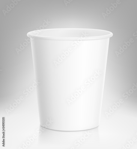 Realistic blank paper cup mockup. Coffee to go, take out mug. Vector illustration on grey background. EPS10. 