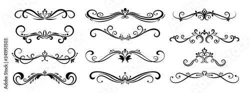 Decorative swirls dividers. Calligraphic swirl border ornaments and vintage divider, Victorian flourishes lines vector isolated icons set for wedding invitation and vintage logo.