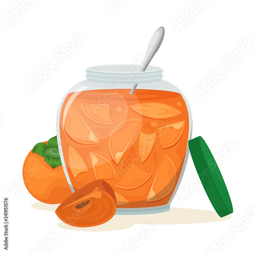 Delicious persimmon jam in a beautiful jar. Vector illustration. Dessert.