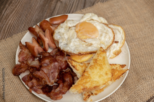 Full American Breakfast on wooden table - Stock photo