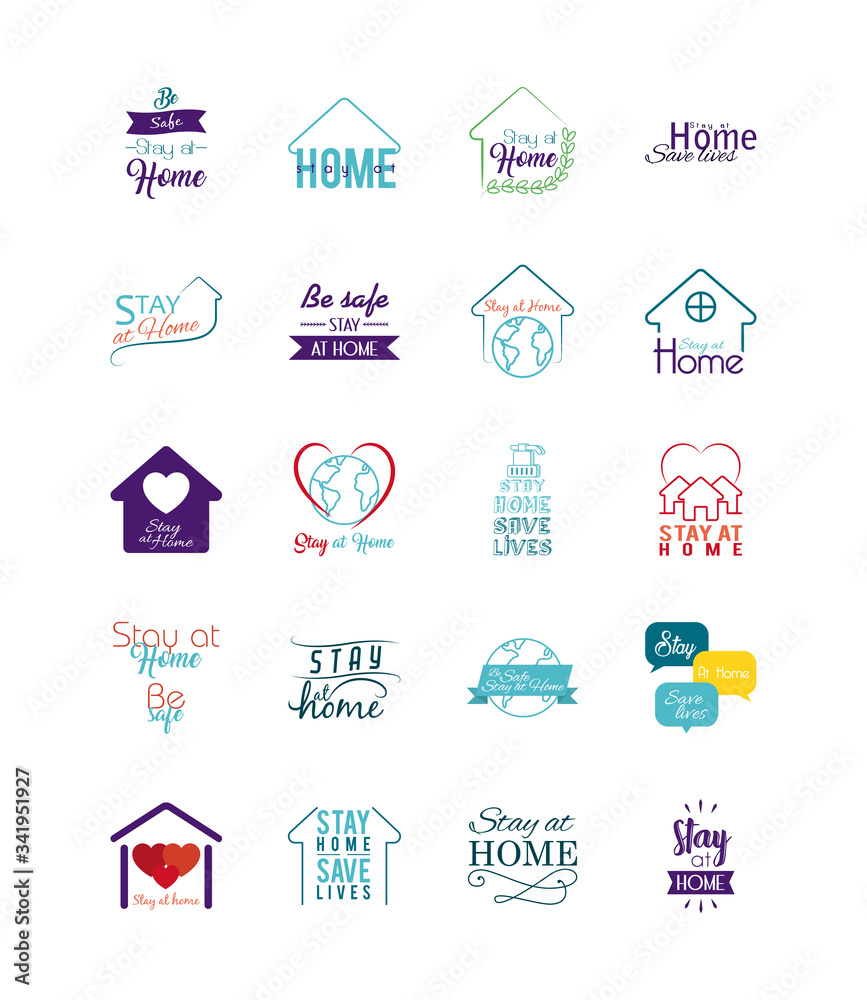 Stay home messages icon set, colorful design