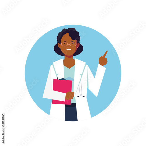 female doctor standing, medical staff on white background