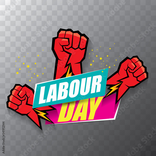Happy labour day vector label with strong orange fist on transparent background. vector happy labor day background or banner with man hand. workers may day poster
