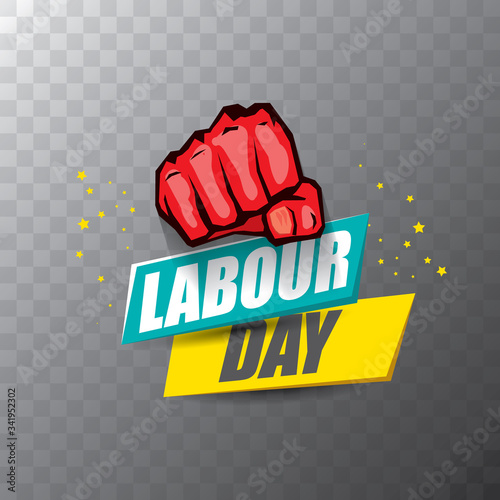 Happy labour day vector label with strong orange fist on transparent background. vector happy labor day background or banner with man hand. workers may day poster