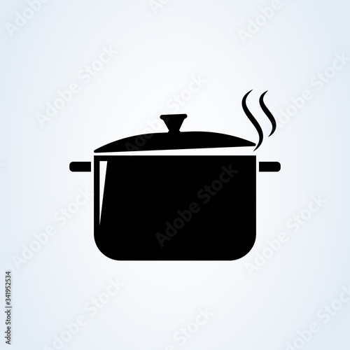 Hot meal. Pot and steam. Cooking symbol. Vector illustration