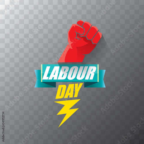 Happy labour day vector label with strong orange fist on transparent background. vector happy labor day background or banner with man hand. workers may day poster