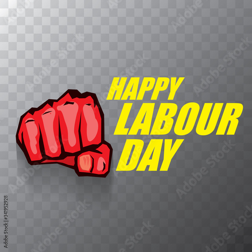 Happy labour day vector label with strong orange fist on transparent background. vector happy labor day background or banner with man hand. workers may day poster