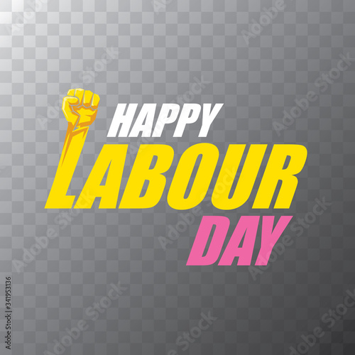 Happy labour day vector label with strong orange fist on transparent background. vector happy labor day background or banner with man hand. workers may day poster
