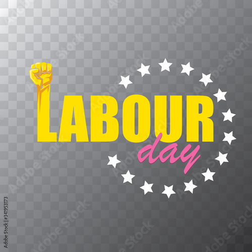 Happy labour day vector label with strong orange fist on transparent background. vector happy labor day background or banner with man hand. workers may day poster