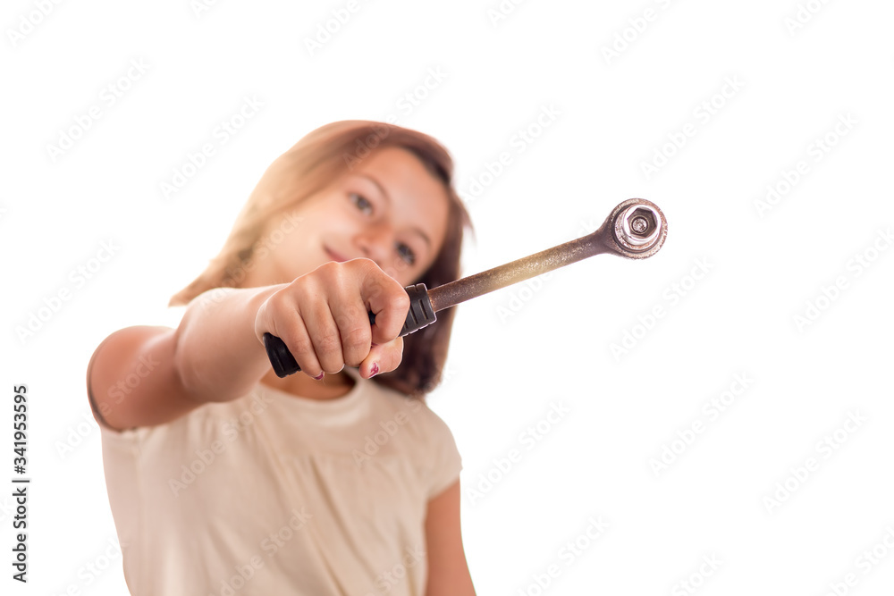 smiling little girl holding a socket wrench smiling little girl holding a socket wrench