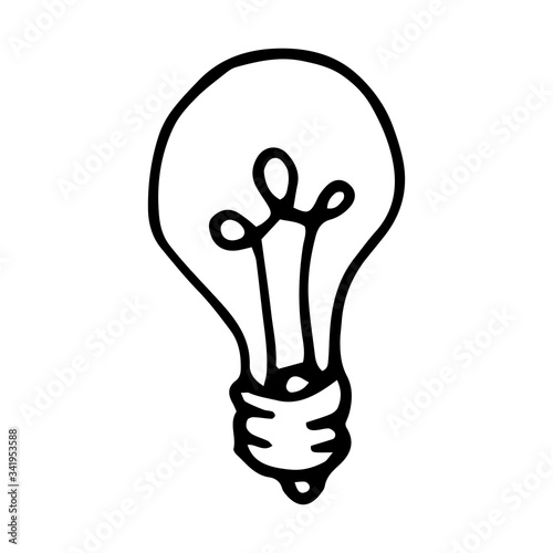 A Doodle-style light bulb. Symbol, ideas, lighting, innovation, inspiration. The element is hand-drawn and isolated on a white background. Black and white vector illustration.