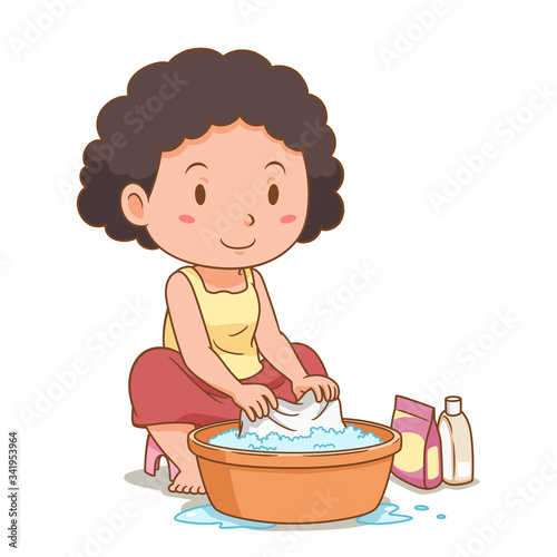 Cartoon character of woman washing clothes with a plastic basin.