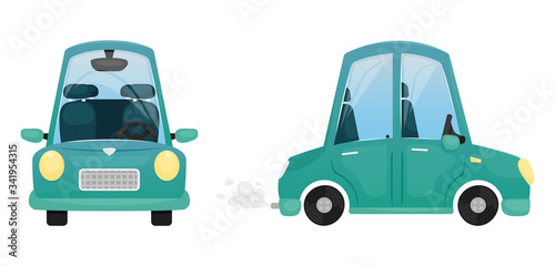 Vector illustration with a blue cartoon car. Side and front view. Private car.