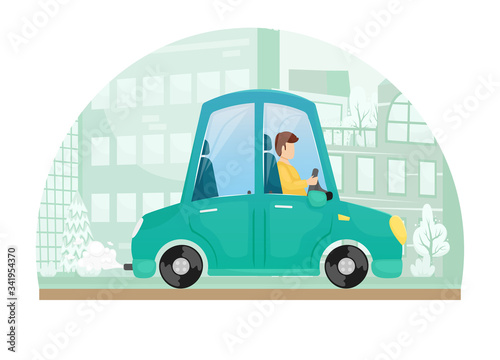 Vector illustration of a man driving a blue cartoon car. City trips by car.