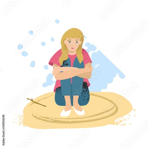 A young girl sits on the sand with her arms around herself and a border is drawn around her. The concept of separation from society, reality, growing up, of personal boundaries. Vector illustration