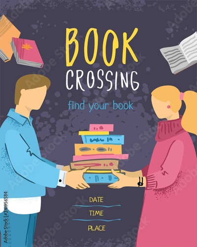 Bookcrossing vector poster. Brochure, cover, booklet page design with flat illustrations. The young man passes the book to the girl. The concept of book reuse and an eco-friendly approach to life.