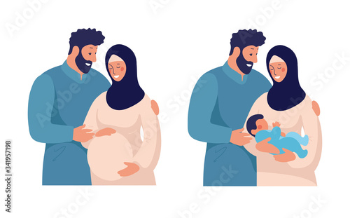 Traditional muslim family, pregnancy and child birth in arab couple. A pregnant woman in a hijab and a national costume with her husband and baby. Flat vector illustration