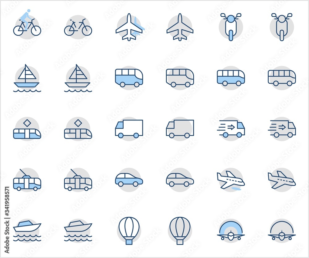 Set of Public Transport Related Vector Line Icons. Contains such Icons as Bus, Bike, Scooter, Car, balloon, Truck, Tram, Trolley, Sailboat, powerboat, Airplane and more. Editable Stroke. 32x32 Pixel