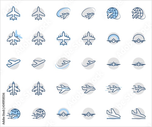 Set of Plane vector line icon. It contains symbols to aircraft, globe and more. Editable Stroke. 32x32 pixels.