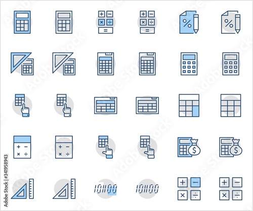 Set of Calculation Vector Line Icons. Contains such Icons as Calculator Icon, Pencil, Click, Money Bag, Percent symbol, Square and Ruler. Editable Stroke. 32x32 Pixel Perfect.