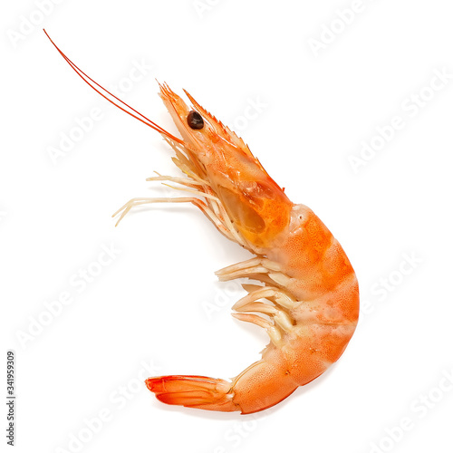 Shrimp isolated on a white background. Cooked Tiger prawn. Top view, flat lay.