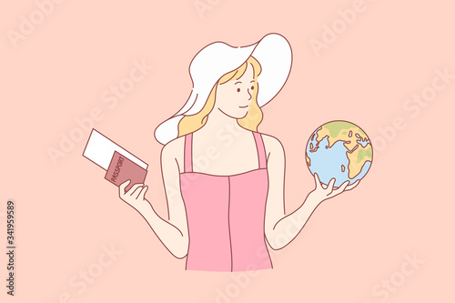 Travelling, tourism, holiday, choice concept. Young happy woman girl tourist cartoon character stands with passport and flight ticket on summer vacation. Active lifestyle and recreation illustration.
