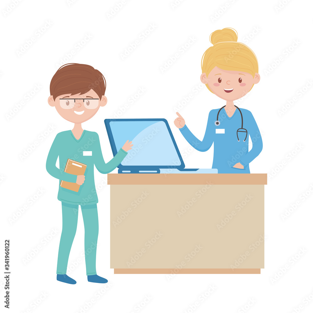 Woman and man doctor and furniture with laptop vector design