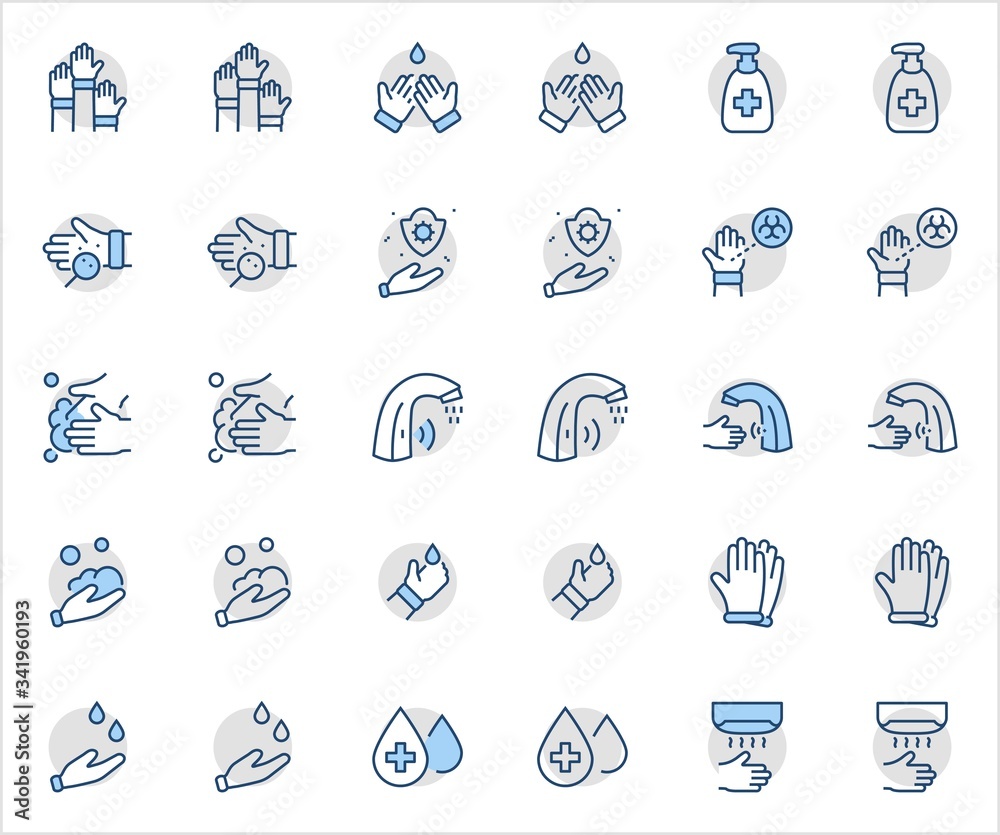 Set of Washing Hands Vector Line Icons. Contains such Icons as Coronavirus, Contactless Water Tap, Antiseptic, Washing Instruction, Hand Dryer, Soap and more. Editable Stroke. 32x32 Pixels.