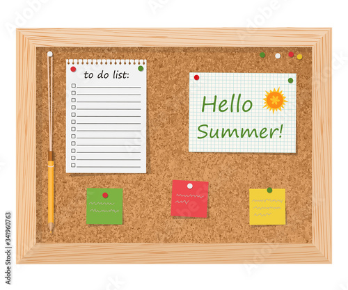 Hello Summer. Cork board with to do list, adhesive notes and push pins